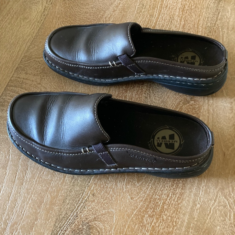 Merrell brown leather loafer slides 9 mules